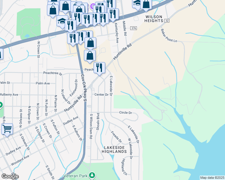 map of restaurants, bars, coffee shops, grocery stores, and more near 1-99 E Lakeside Dr in Florence