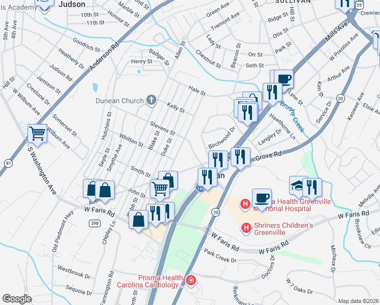 map of restaurants, bars, coffee shops, grocery stores, and more near 4 Stevens Street in Greenville