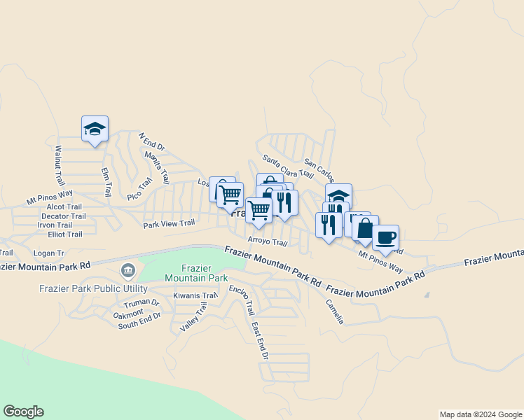 map of restaurants, bars, coffee shops, grocery stores, and more near 313 Canada Trail in Frazier Park