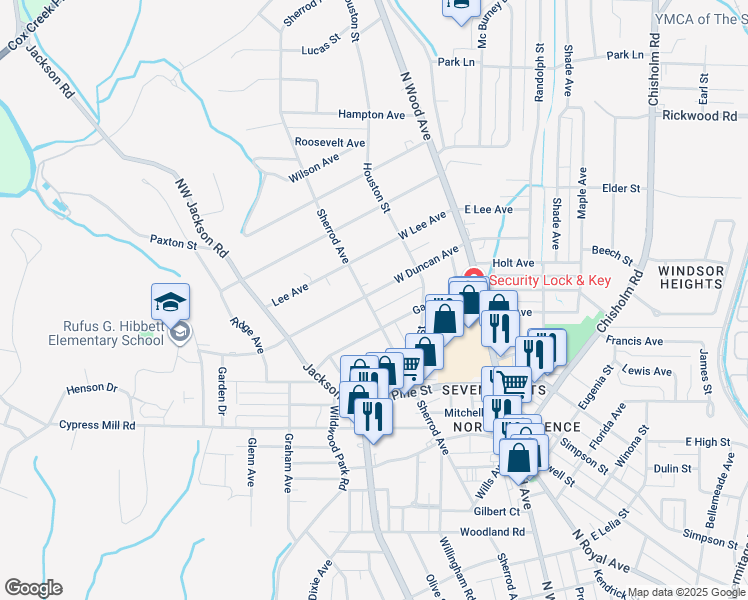 map of restaurants, bars, coffee shops, grocery stores, and more near 1620 Sherrod Avenue in Florence