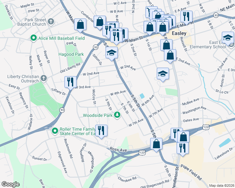 map of restaurants, bars, coffee shops, grocery stores, and more near 105 South 7th Street in Easley