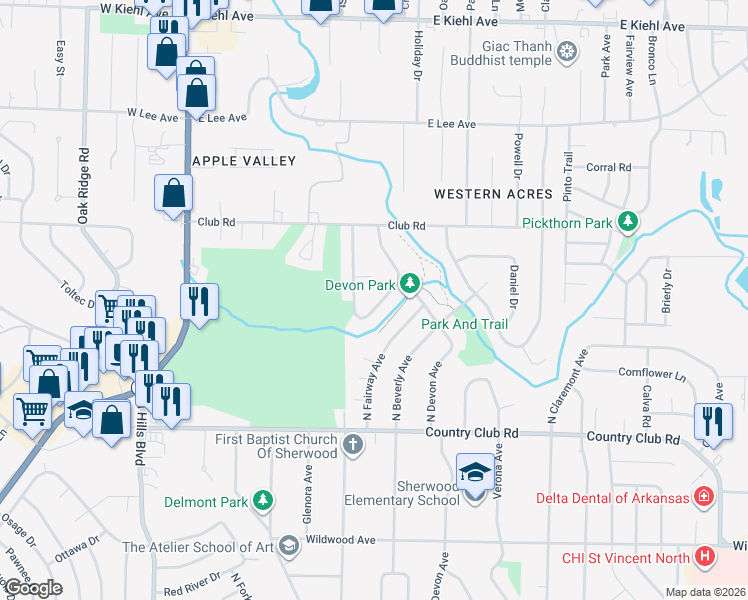 map of restaurants, bars, coffee shops, grocery stores, and more near 28 Greenview Circle in Sherwood