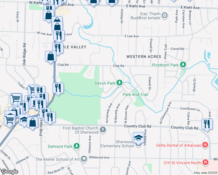 map of restaurants, bars, coffee shops, grocery stores, and more near 23 Greenview Circle in Sherwood