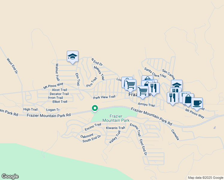 map of restaurants, bars, coffee shops, grocery stores, and more near 717 Santa Rosa Trail in Frazier Park
