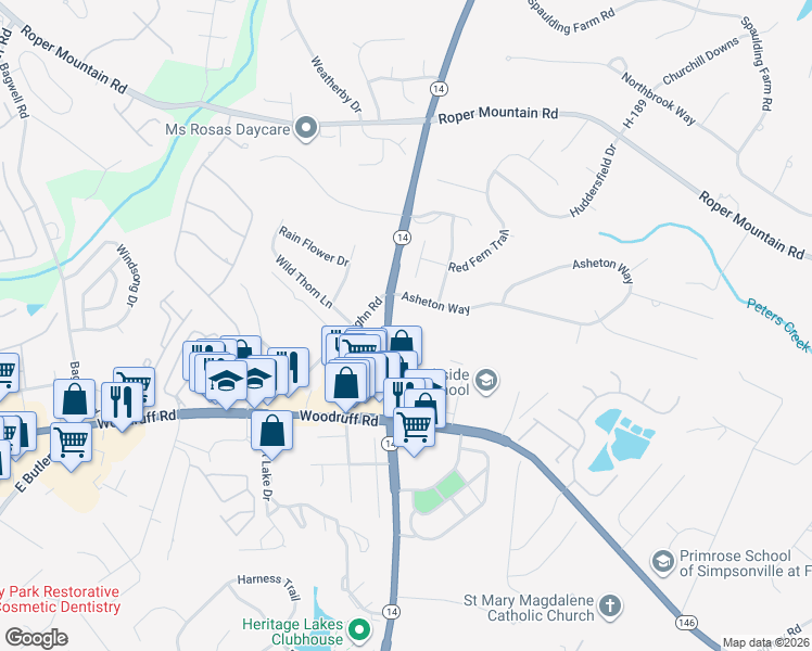 map of restaurants, bars, coffee shops, grocery stores, and more near 3911 South Carolina 14 in Greenville