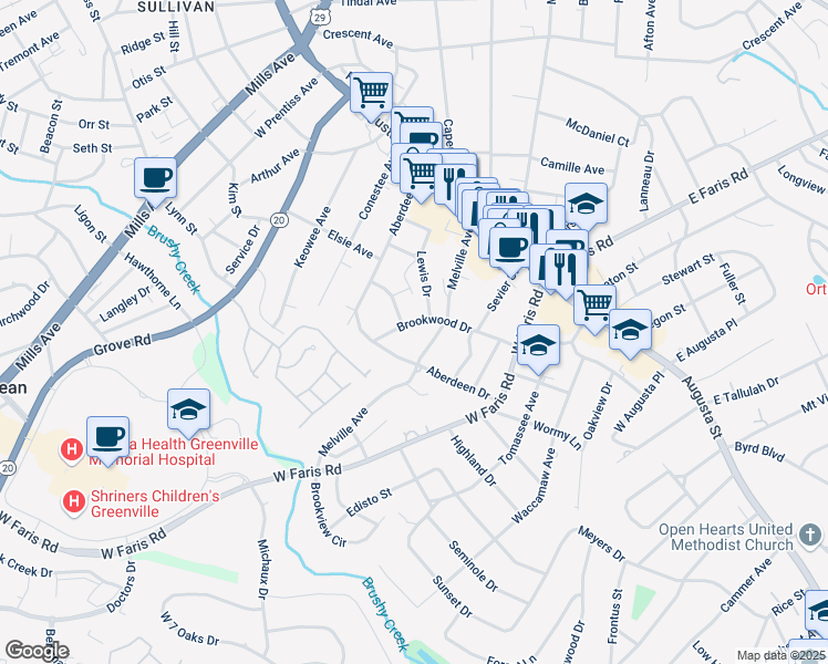 map of restaurants, bars, coffee shops, grocery stores, and more near 114 Melville Avenue in Greenville