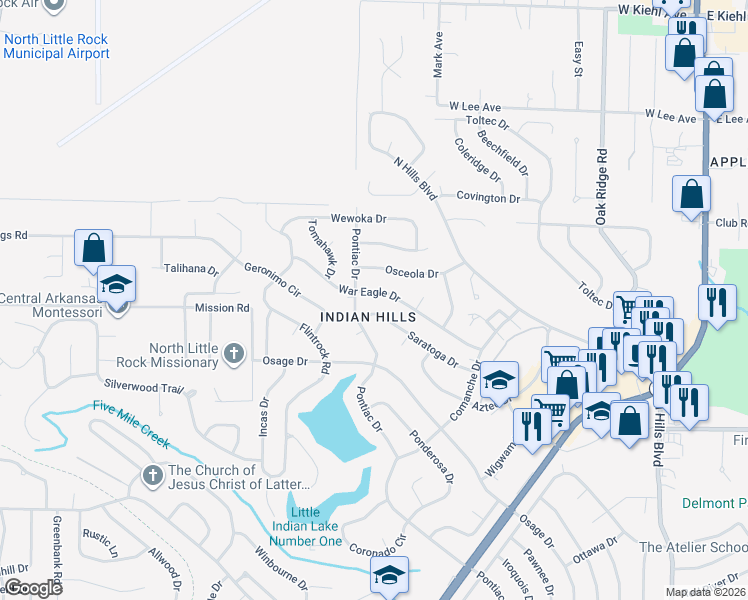 map of restaurants, bars, coffee shops, grocery stores, and more near 1604 Saratoga Drive in North Little Rock