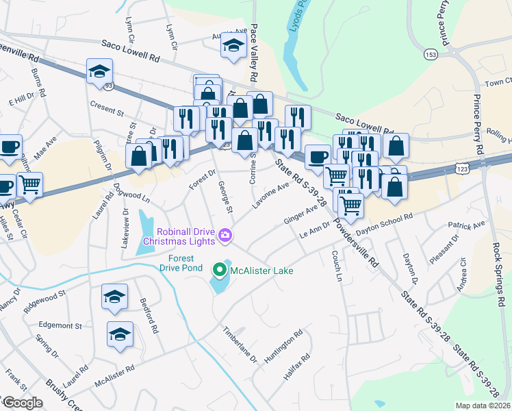 map of restaurants, bars, coffee shops, grocery stores, and more near 299 Lavonne Avenue in Easley