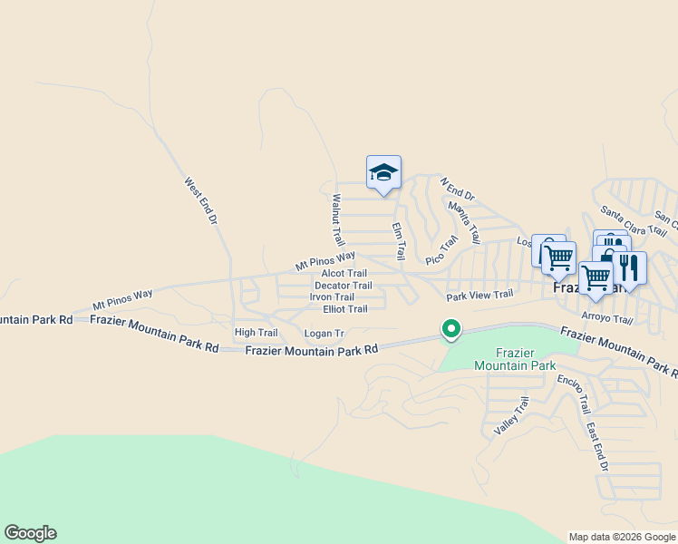 map of restaurants, bars, coffee shops, grocery stores, and more near 4233 Alcot Trail in Frazier Park