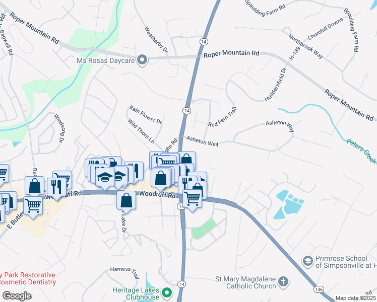 map of restaurants, bars, coffee shops, grocery stores, and more near 3907 South Carolina 14 in Greenville
