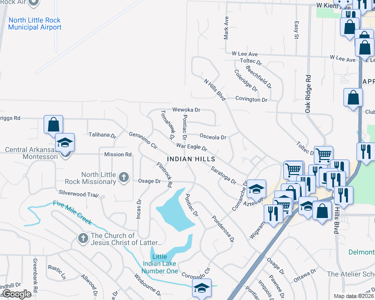 map of restaurants, bars, coffee shops, grocery stores, and more near 1604 Saratoga Drive in North Little Rock