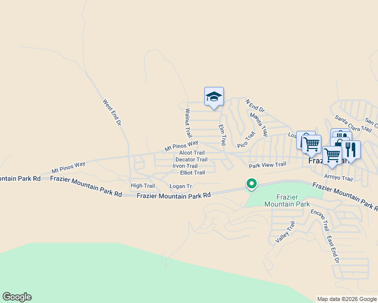 map of restaurants, bars, coffee shops, grocery stores, and more near 4233 Alcot Trail in Frazier Park