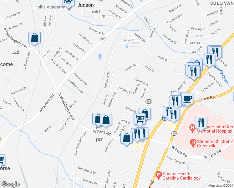 map of restaurants, bars, coffee shops, grocery stores, and more near 50 Smythe Avenue in Greenville
