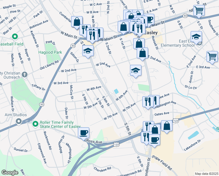 map of restaurants, bars, coffee shops, grocery stores, and more near 601 South 5th Street in Easley
