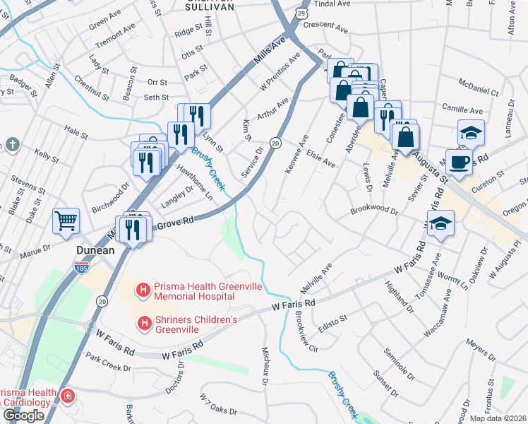 map of restaurants, bars, coffee shops, grocery stores, and more near 205 Robin Lane in Greenville