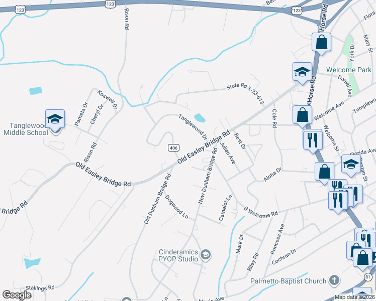 map of restaurants, bars, coffee shops, grocery stores, and more near 2913 Old Easley Bridge Road in Greenville