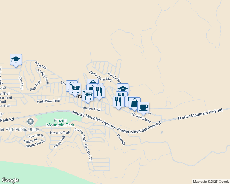 map of restaurants, bars, coffee shops, grocery stores, and more near Calistoga Trail in Frazier Park