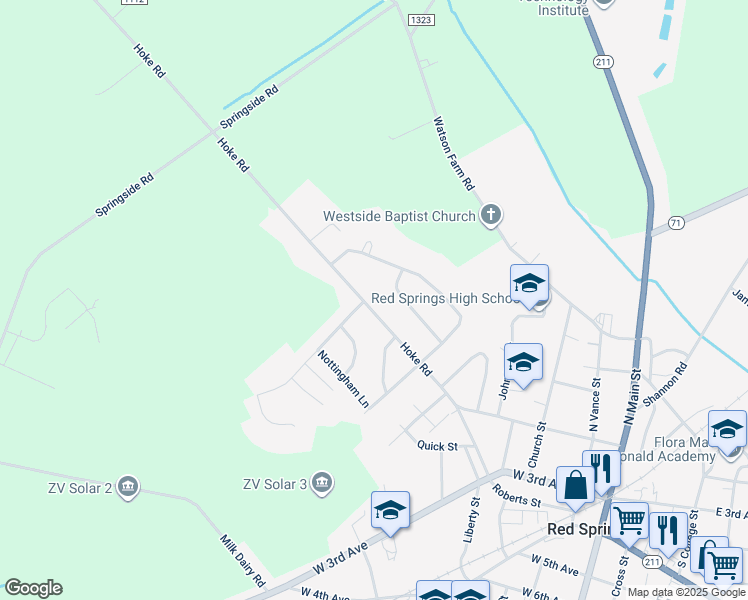 map of restaurants, bars, coffee shops, grocery stores, and more near 818 West 2nd Avenue in Red Springs