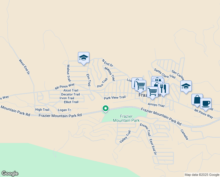 map of restaurants, bars, coffee shops, grocery stores, and more near 724 Avalon Trail in Frazier Park