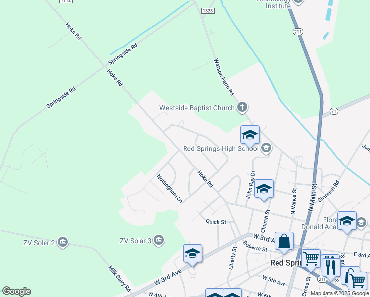 map of restaurants, bars, coffee shops, grocery stores, and more near 818 West 2nd Avenue in Red Springs