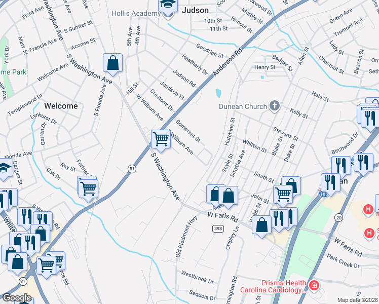 map of restaurants, bars, coffee shops, grocery stores, and more near 126 Somerset Street in Greenville
