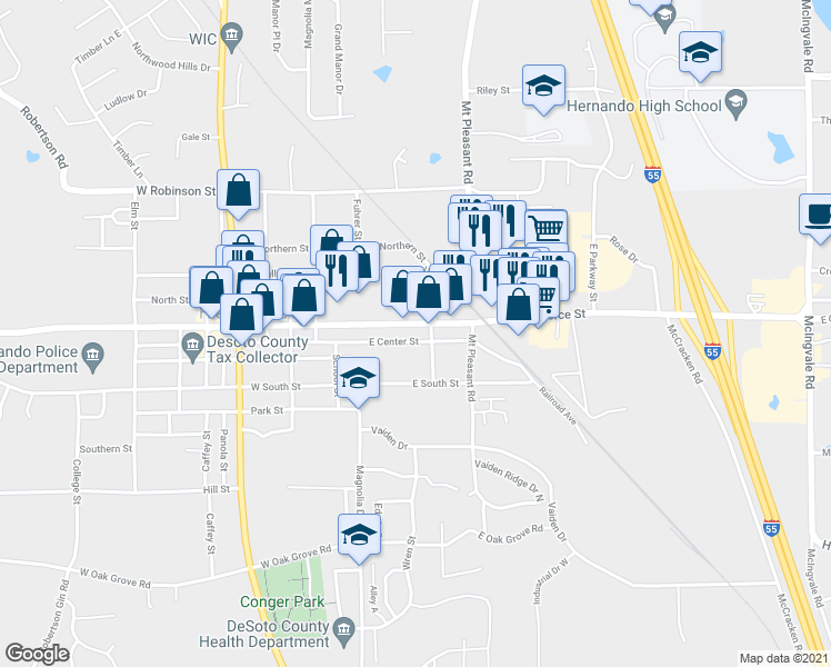 map of restaurants, bars, coffee shops, grocery stores, and more near 133 East Commerce Street in Hernando