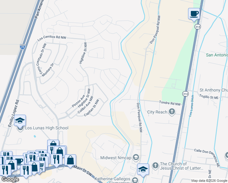 map of restaurants, bars, coffee shops, grocery stores, and more near 1030 Festival Court Northwest in Los Lunas