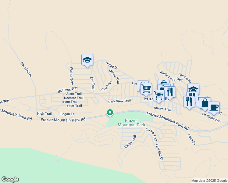 map of restaurants, bars, coffee shops, grocery stores, and more near 724 Avalon Trail in Frazier Park