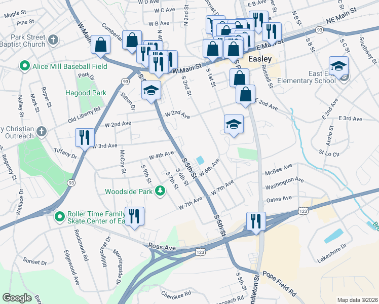 map of restaurants, bars, coffee shops, grocery stores, and more near 601 South 5th Street in Easley