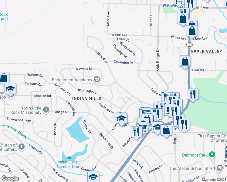 map of restaurants, bars, coffee shops, grocery stores, and more near 1900 Osceola Drive in North Little Rock
