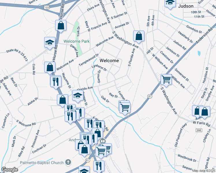 map of restaurants, bars, coffee shops, grocery stores, and more near 38 Lynhurst Drive in Greenville