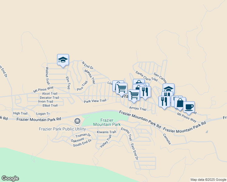 map of restaurants, bars, coffee shops, grocery stores, and more near 728 Catalina Trail in Frazier Park