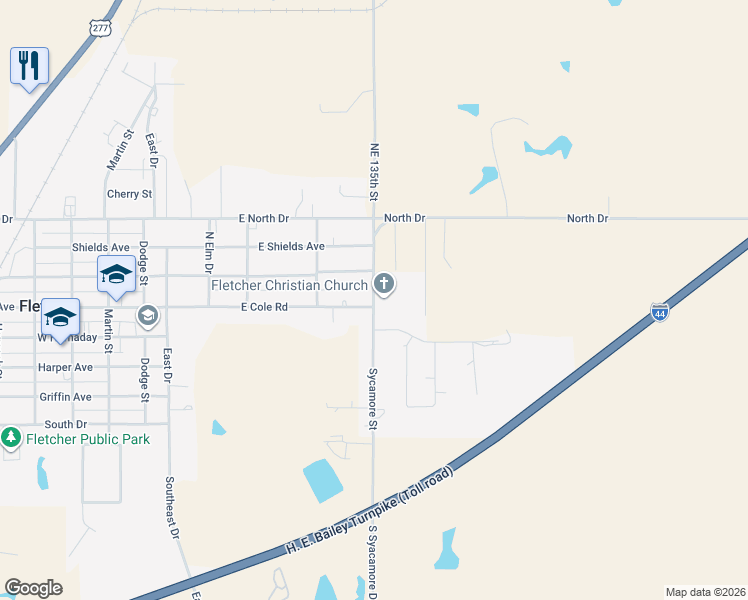 map of restaurants, bars, coffee shops, grocery stores, and more near 100 North Sycamore Street in Fletcher