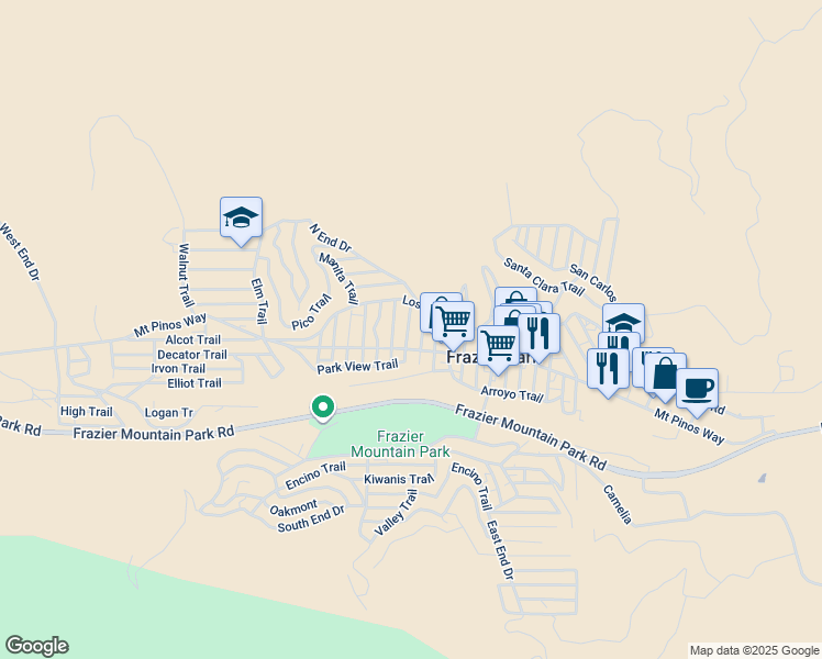 map of restaurants, bars, coffee shops, grocery stores, and more near 728 San Miguel Trail in Frazier Park