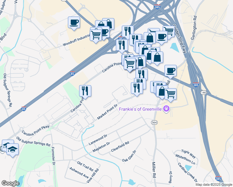 map of restaurants, bars, coffee shops, grocery stores, and more near 30 Market Point Drive in Greenville