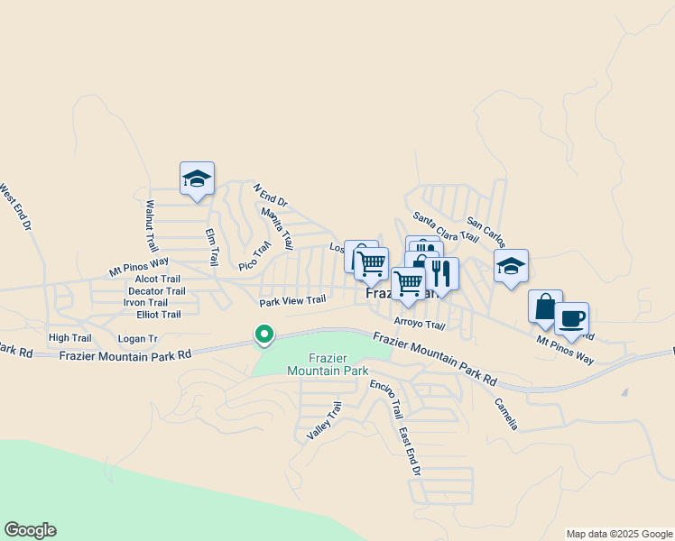 map of restaurants, bars, coffee shops, grocery stores, and more near 343 San Miguel Trail in Frazier Park