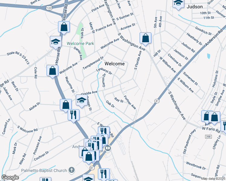 map of restaurants, bars, coffee shops, grocery stores, and more near 38 Lynhurst Drive in Greenville