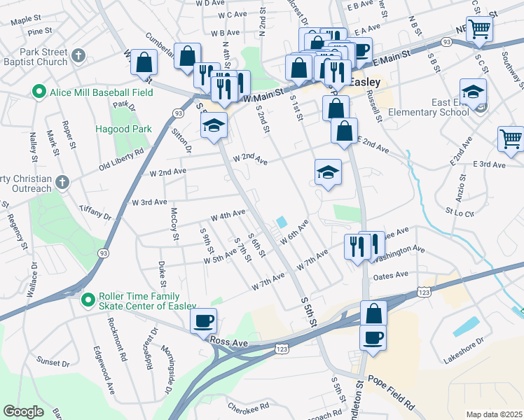 map of restaurants, bars, coffee shops, grocery stores, and more near 601 South 5th Street in Easley