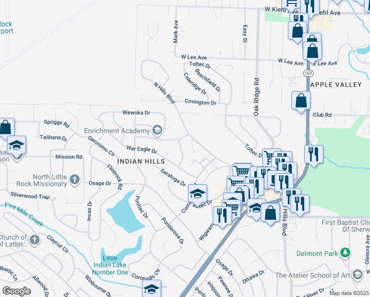 map of restaurants, bars, coffee shops, grocery stores, and more near 1900 Osceola Drive in North Little Rock