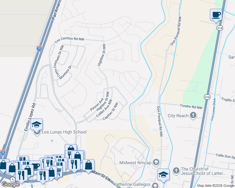 map of restaurants, bars, coffee shops, grocery stores, and more near 1291 Carrizo Street in Los Lunas