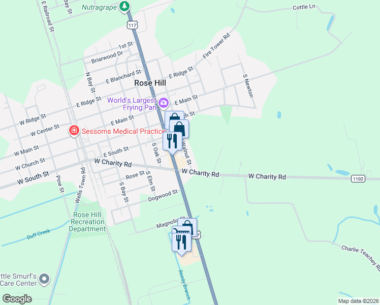 map of restaurants, bars, coffee shops, grocery stores, and more near 323 South Walnut Street in Rose Hill