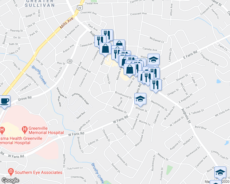 map of restaurants, bars, coffee shops, grocery stores, and more near 300 Brookwood Drive in Greenville