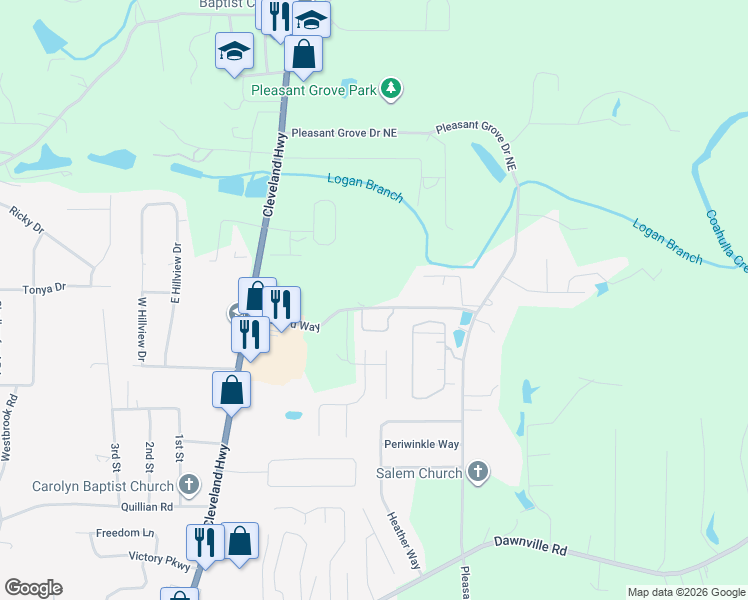 map of restaurants, bars, coffee shops, grocery stores, and more near 1025 Orchard Way in Dalton