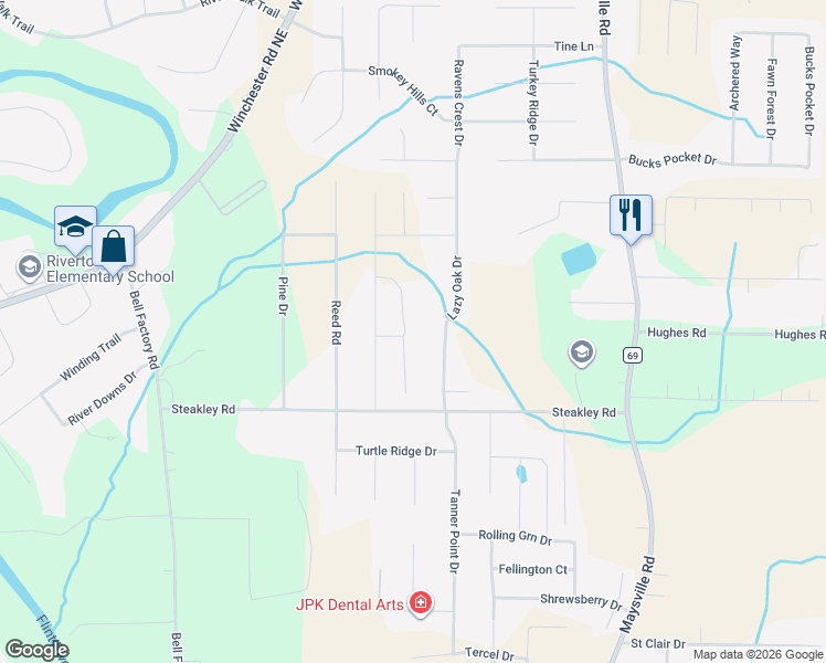 map of restaurants, bars, coffee shops, grocery stores, and more near 120 Lazy Oak Drive in New Market
