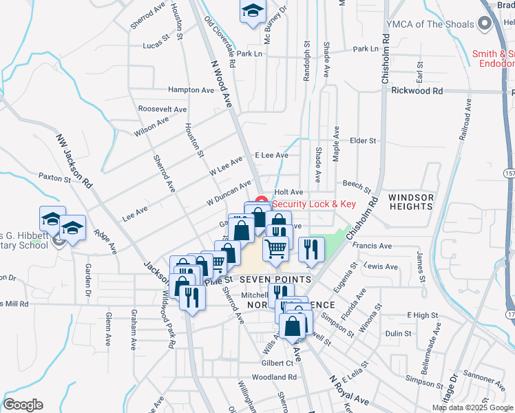 map of restaurants, bars, coffee shops, grocery stores, and more near 1733 North Wood Avenue in Florence