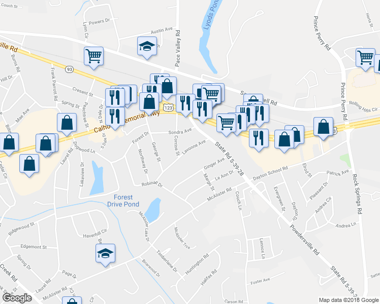 map of restaurants, bars, coffee shops, grocery stores, and more near 304 Lavonne Avenue in Easley