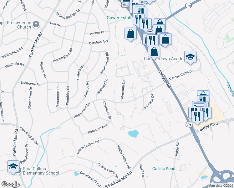 map of restaurants, bars, coffee shops, grocery stores, and more near 280 Henderson Road in Greenville