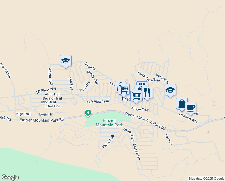 map of restaurants, bars, coffee shops, grocery stores, and more near 732 San Miguel Trail in Frazier Park