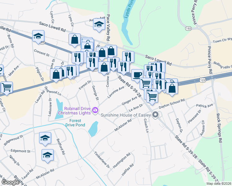 map of restaurants, bars, coffee shops, grocery stores, and more near 303 Lavonne Avenue in Easley