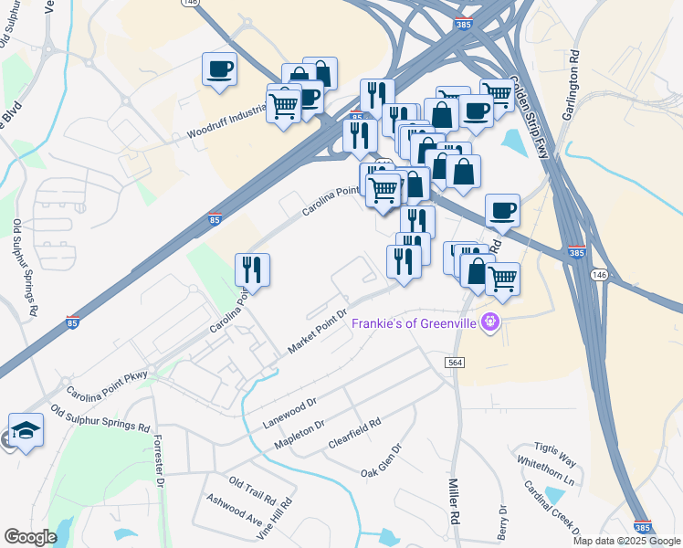 map of restaurants, bars, coffee shops, grocery stores, and more near 15 Carolina Point Parkway in Greenville